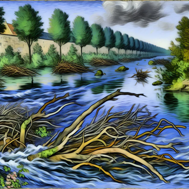 Dynamisch rivierlandschap met sterke stroming die takken meevoert naar de zee, geschilderd in de stijl van Frans Hals.