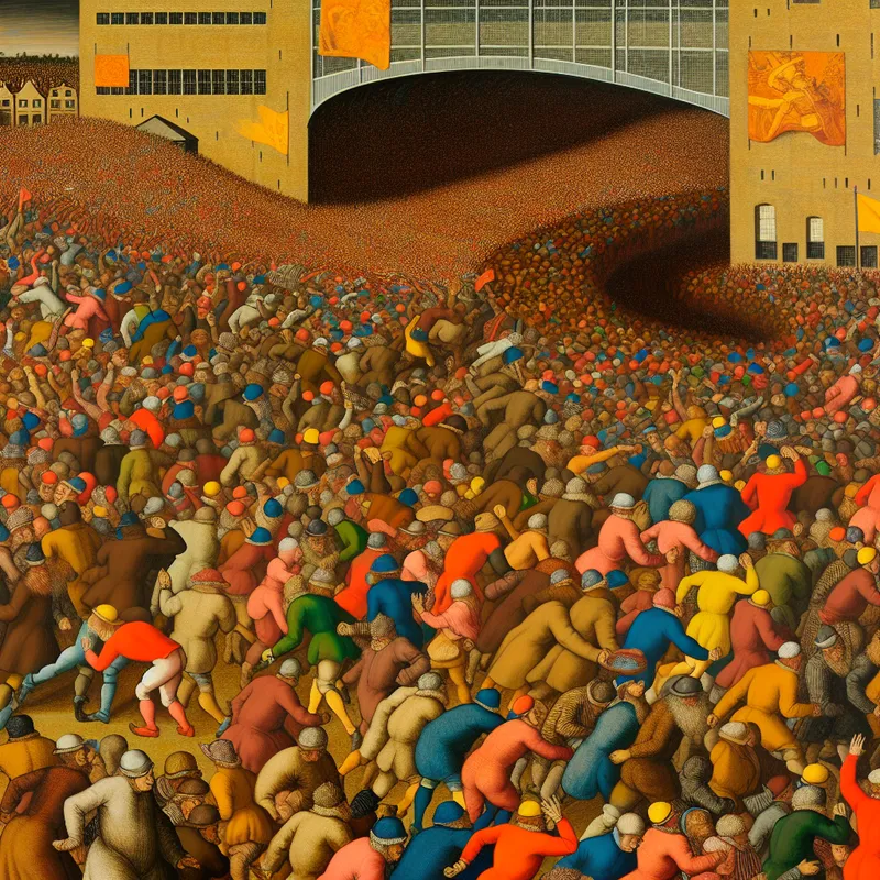 Drukke menigte enthousiaste sportfans die na een wedstrijd uit een stadion stromen, met vlaggen en teamkleuren in een levendige, warme compositie