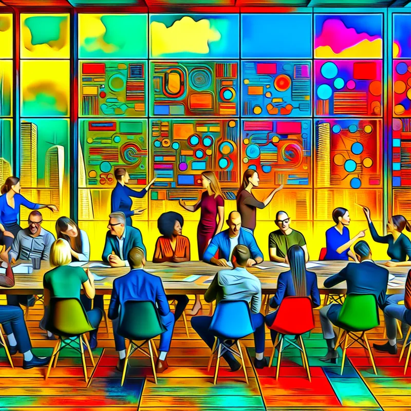 Een dynamische vergaderruimte met een diverse groep mensen die intensieve discussies voeren.