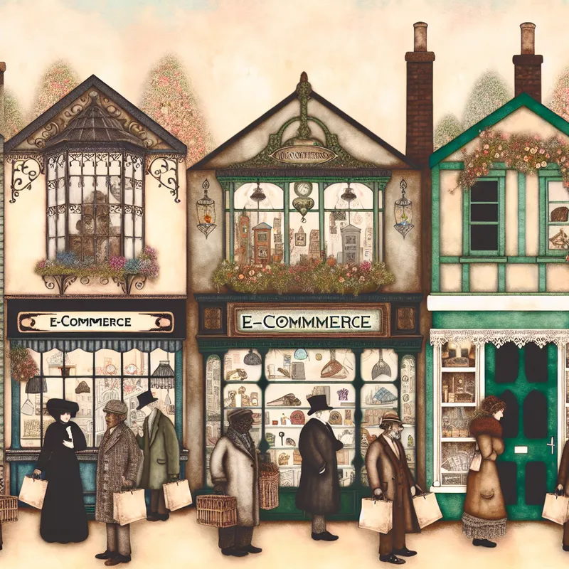 Een levendig e-commerce landschap met kleine ondernemers die hun unieke webshops in een charmante dorp-setting tonen.