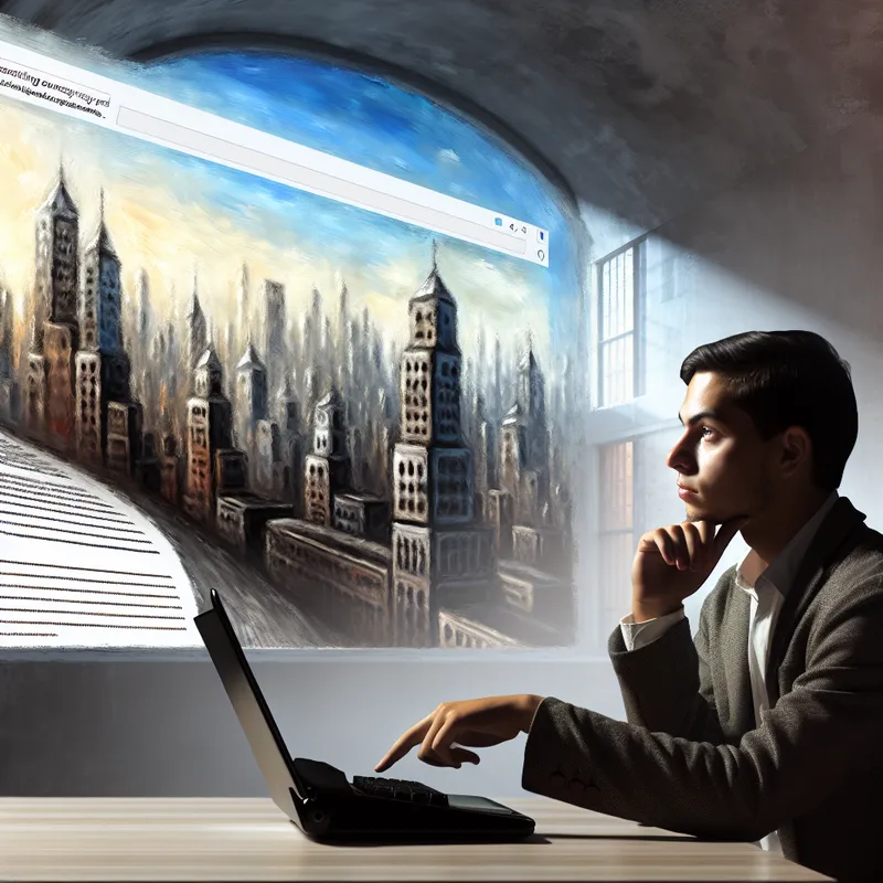 Jongere schrijft bedachtzaam een e-mail op laptop voor een stad met surrealistische wolkenkrabbers