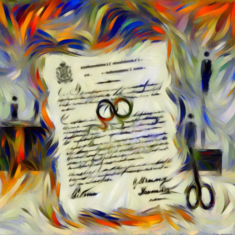 Abstract expressionistisch schilderij van een officieel document met twee namen van echtgenoten, benadrukt door dynamische penseelstreken en levendige kleuren