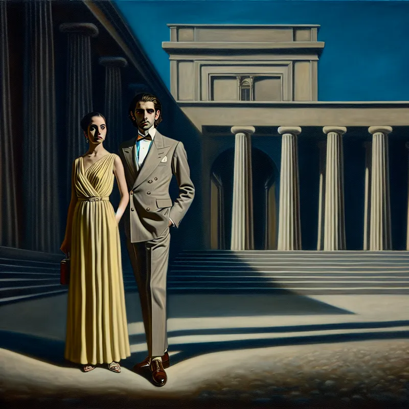 Hyperrealistisch schilderij van een formele scène met een oudere man in pak en zijn echtgenote in avondjurk voor een monumentaal gebouw, in de stijl van Carel Willink