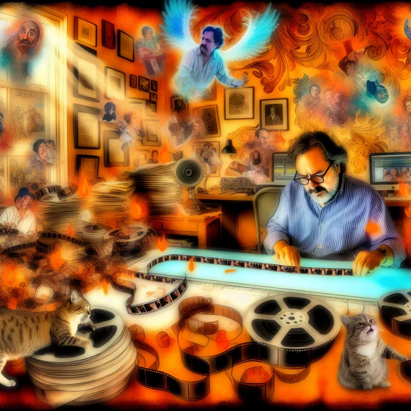 Een editor in een chaotische montagekamer met filmspoelen en afdrukken, verdiept in een filmstrip.