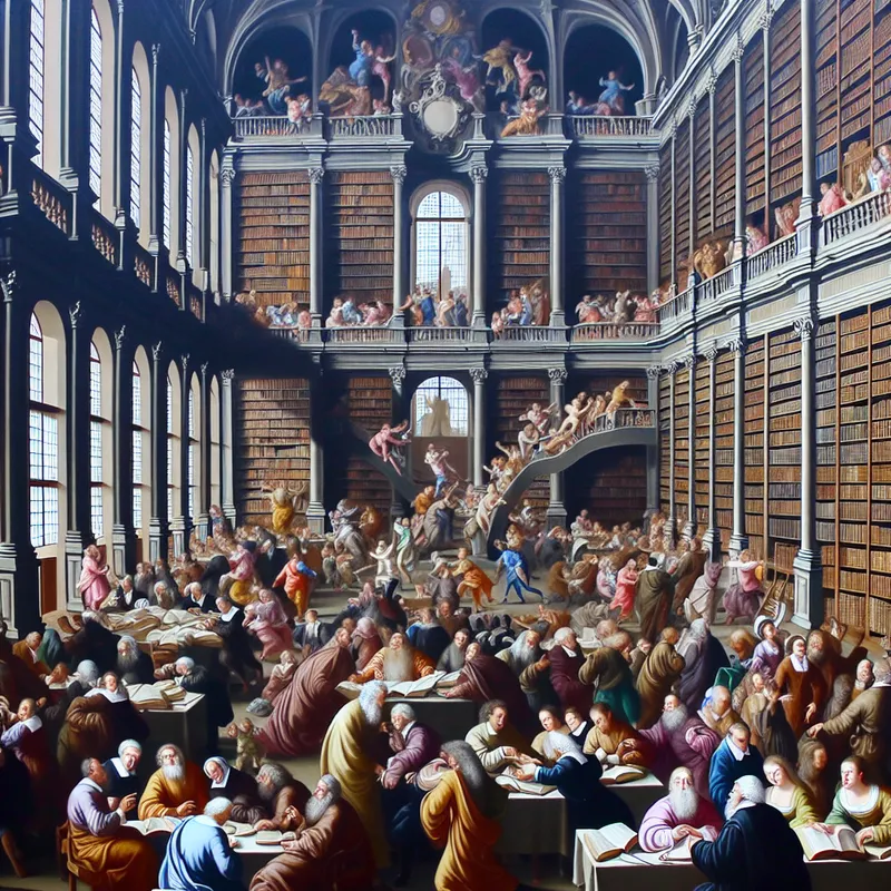 Een grootse bibliotheek gevuld met diverse mensen die samenwerken aan educatie, met Barokke architectuur en zonlicht dat door grote ramen valt.