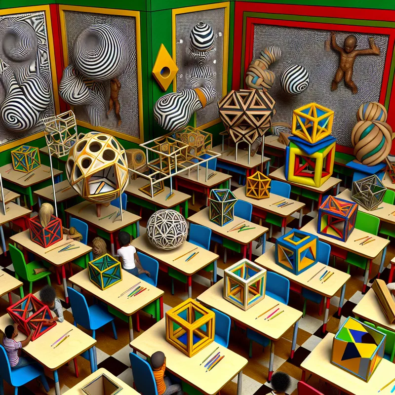 Een kleurrijke en surrealistische klas gevuld met geometrisch ontworpen speelgoed, met kinderen die spelen met educatieve leermiddelen.