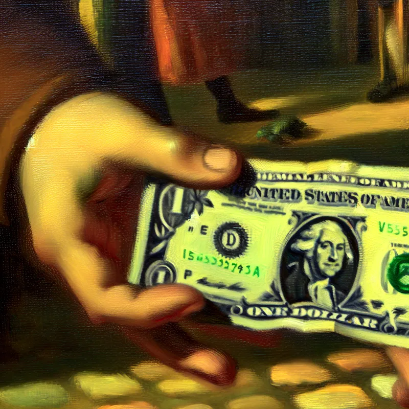 Hand houdt een verfrommeld één-dollarbiljet vast met zichtbare details van groene inkt en veiligheidskenmerken, gevonden op een straat met kasseien