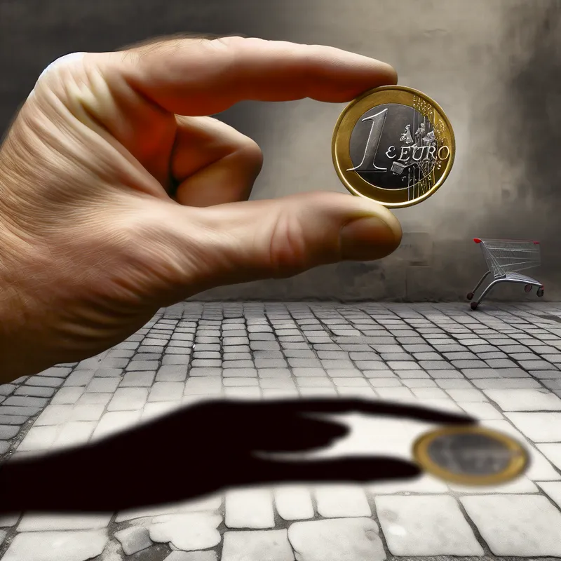 Close-up van een glanzende één-euro munt in een hand, met zichtbare details van het euroteken en nationale zijde, in een surrealistische stedelijke omgeving
