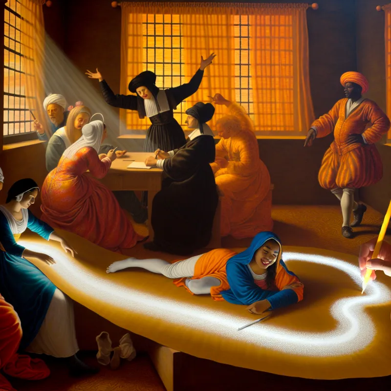 Een levendige ruimte met verschillende personages die interactie hebben. Een persoon schrijft enthousiast met een pen, creëert een heldere lijn op papier.