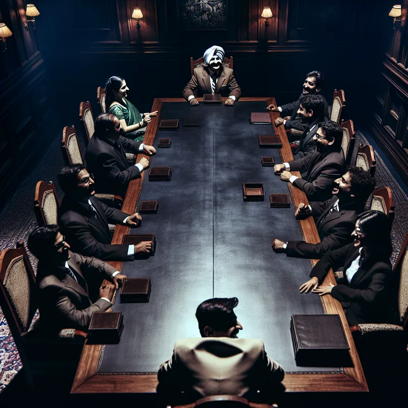 Een serieuze vergadering met formeel geklede deelnemers aan een lang, decoratief houten tafel, terwijl één persoon met een grijns en een speelse gebaar de spanning doorbreekt met een grap.