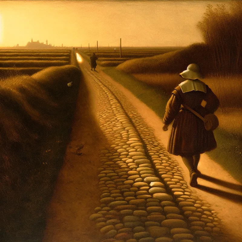 Een eenzame reiziger loopt over een rustige, met kasseien geplaveide weg in een Nederlands landschap tijdens gouden uur, met een dorp of station op de achtergrond, illustrerend de afstand van een uur lopen