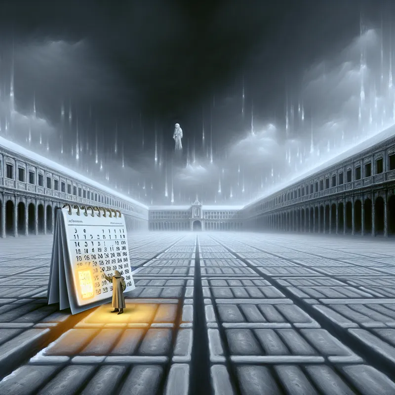 Eenzaam figuur houdt gloeiende kalenderpagina vast met één gemarkeerde dag in surrealistische stad, symboliserend 'eenmaal'