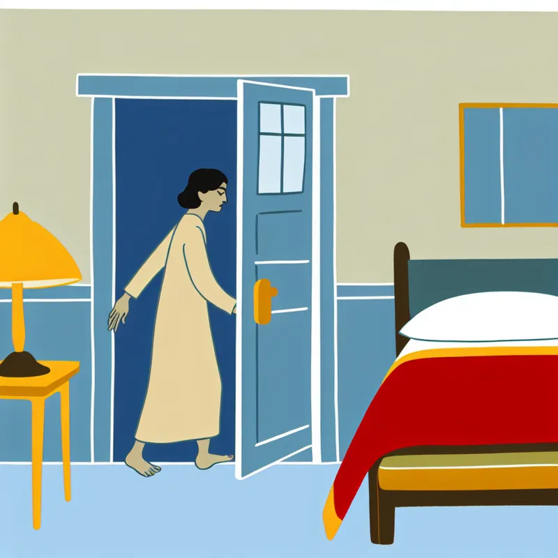 Minimalistische illustratie van een persoon die direct naar bed gaat zodra hij thuis is, in de stijl van Dick Bruna