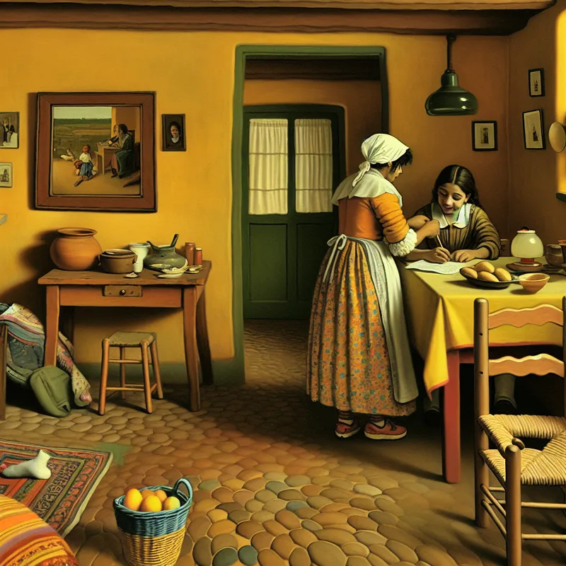 Een moeder en haar dochter bezig met huiswerk in een gezellige woonkamer met speelgoed en familiefoto's.