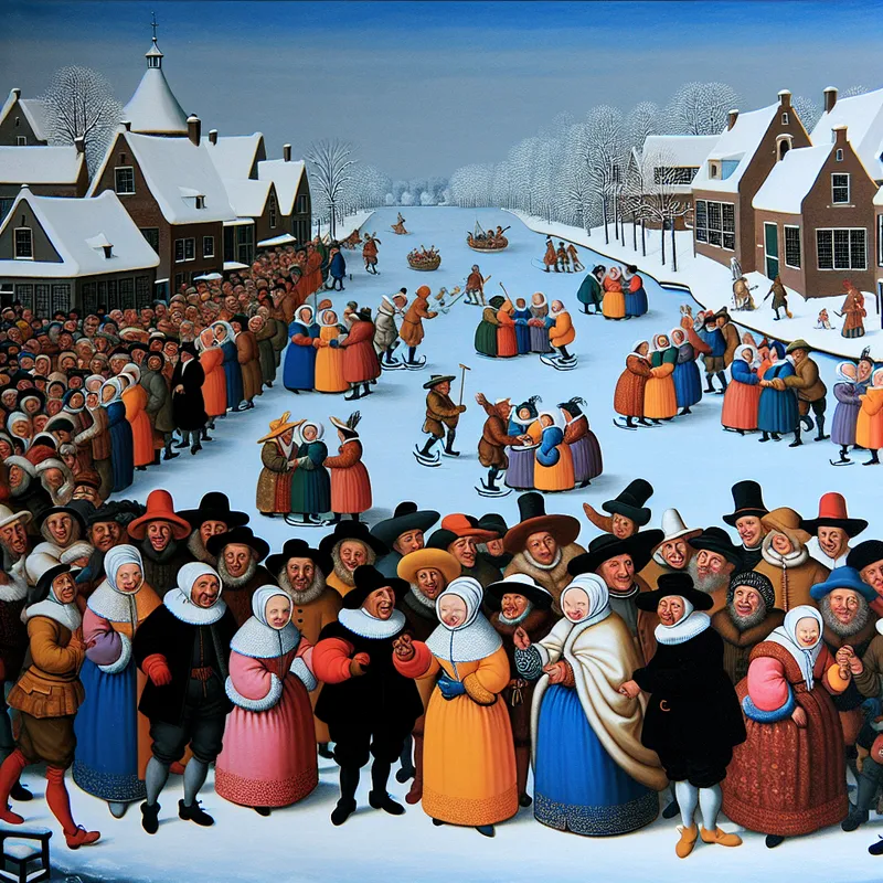 17e-eeuwse wintertafereel van een groep vrolijke mensen in kleurrijke kleding die eensgezind praten op een bevroren kanaal, met ijslopers en windmolens op de achtergrond