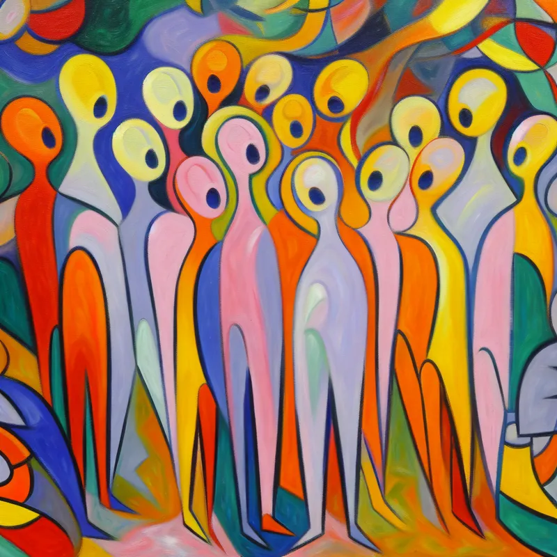 Abstract schilderij van een vrolijk zingend koor in eenstemmigheid, met dikke penseelstreken en felle kleuren in de stijl van Karel Appel