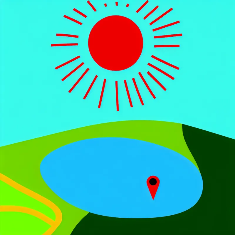 Illustratie van een eenvoudige kaart met een grote rode stip die een specifieke locatie markeert, met een blauwe meer en een groene ruimte eromheen, onder een heldere lucht met een zon.