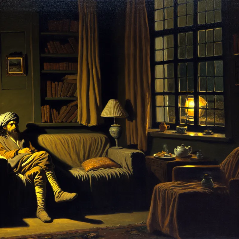 Een persoon zit alleen op een comfortabele bank in een stille woonkamer, kijkt pensief uit het raam.