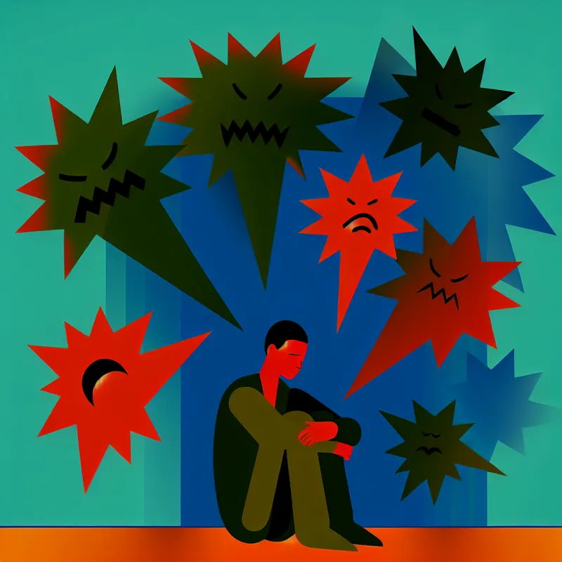 Minimalistische illustratie van een alleen zittend personage dat deprimerend uitdrukt, omringd door grote, negatieve spraakballonnen.