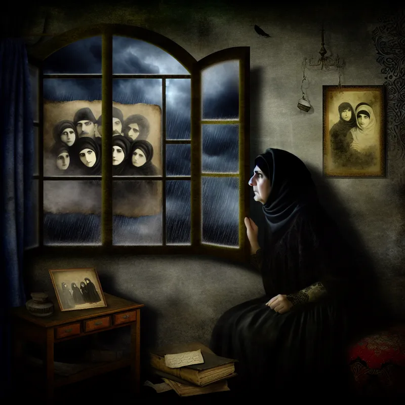 Een eenzame figuur kijkt verlangend door een mistig raam naar een vervaagde foto van oude vrienden, omgeven door een sombere sfeer.