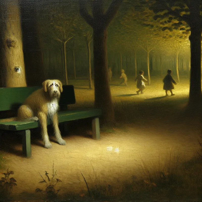 Een eenzame hond zit op een bank in een park, kijkt verdrietig naar spelende kinderen.