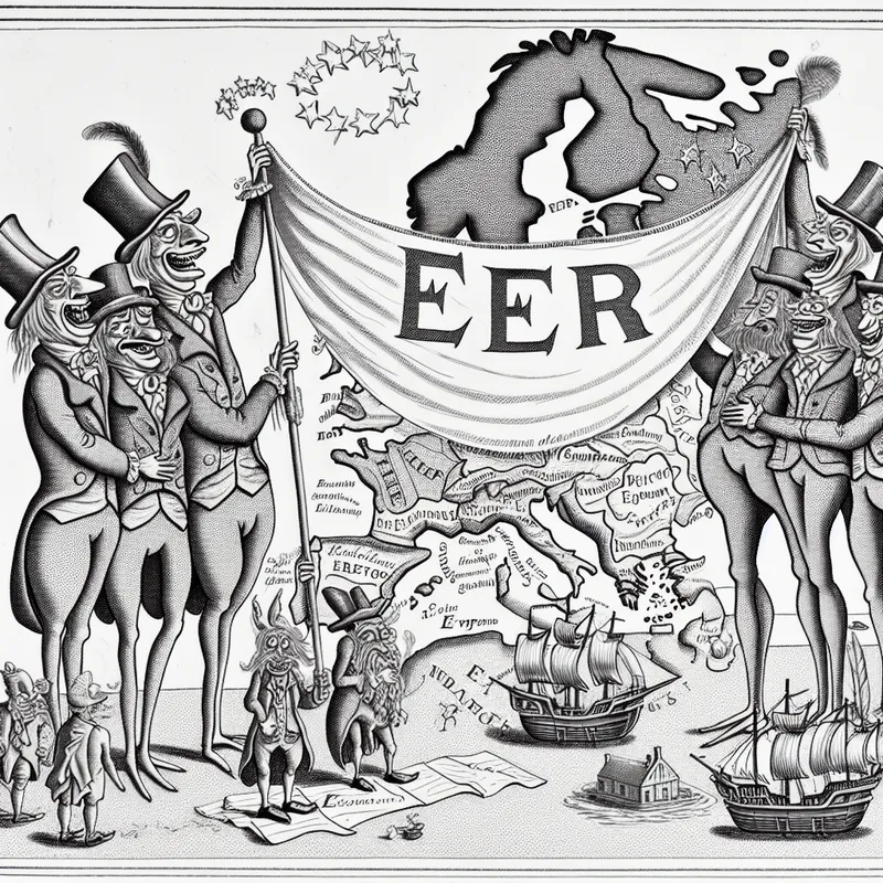 Detailed cartoonkaart van Europa met personificaties van EU-landen onder een EER-banner, symboliserend economische samenwerking en handelsakkoorden