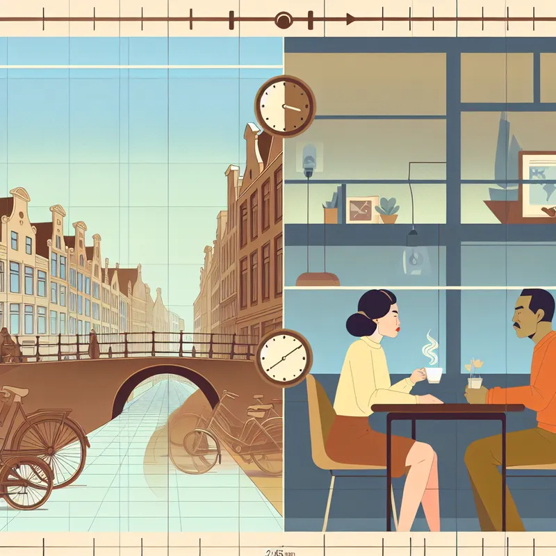 Retro-futuristische tijdlijnillustratie van Amsterdam in het verleden en een modern kantoor om 14:45 uur, verbonden door een pijl die het concept 'eerder' benadrukt