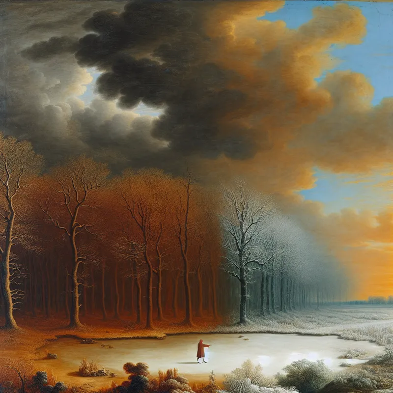 17e-eeuws Hollands landschap in de stijl van Jacob van Ruisdael met een persoon die naar een koude, winterse kant wijst, symboliserend voor 'eerder koud dan warm' in een taalvergelijking