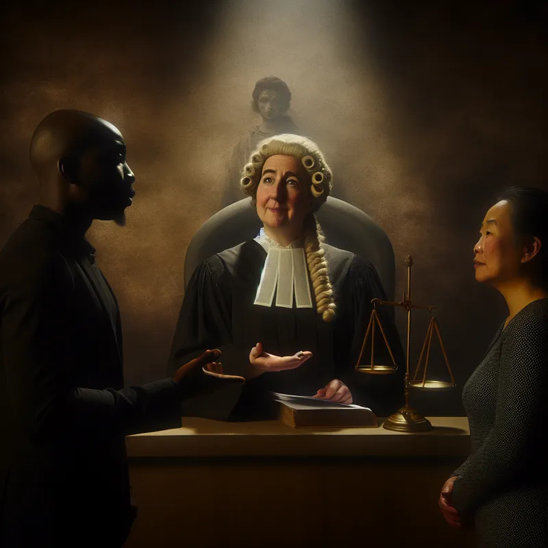 Gerechtszaal scène in Rembrandt-stijl met wijze rechter die een weegschaal vasthoudt, symboliserend eerlijkheid en rechtvaardigheid volgens de regels