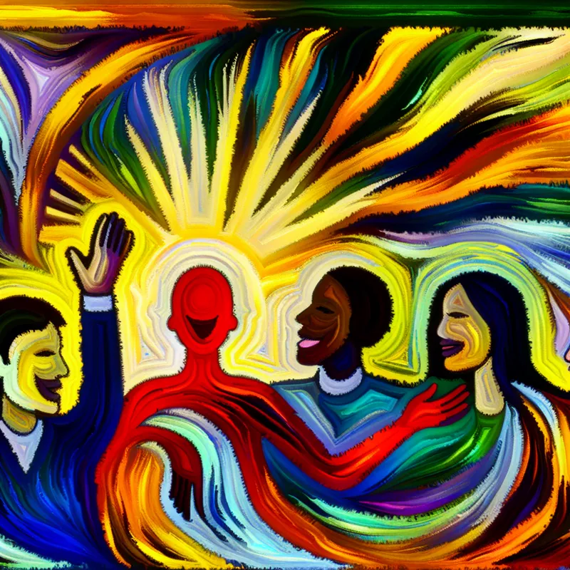 Abstracte compositie die eerlijkheid als persoonlijke eigenschap illustreert met vriendengroep in levendige kleuren.