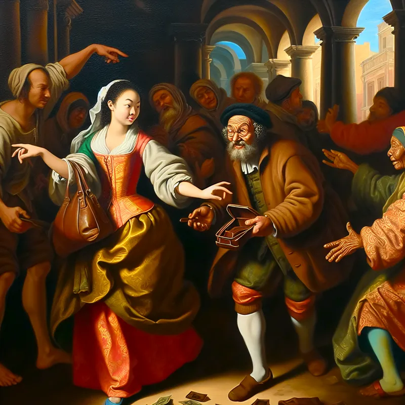 Barokke scène van een jonge vrouw die een verloren portemonnee teruggeeft aan een oudere man op een levendige markt, als voorbeeld van eerlijkheid