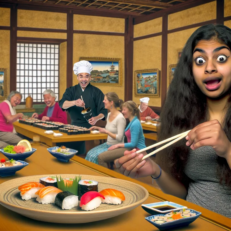 Jong persoon die voor het eerst sushi proeft in een levendig Japans restaurant, met kleurrijke sushi borden en een vriendelijke chef in de achtergrond.