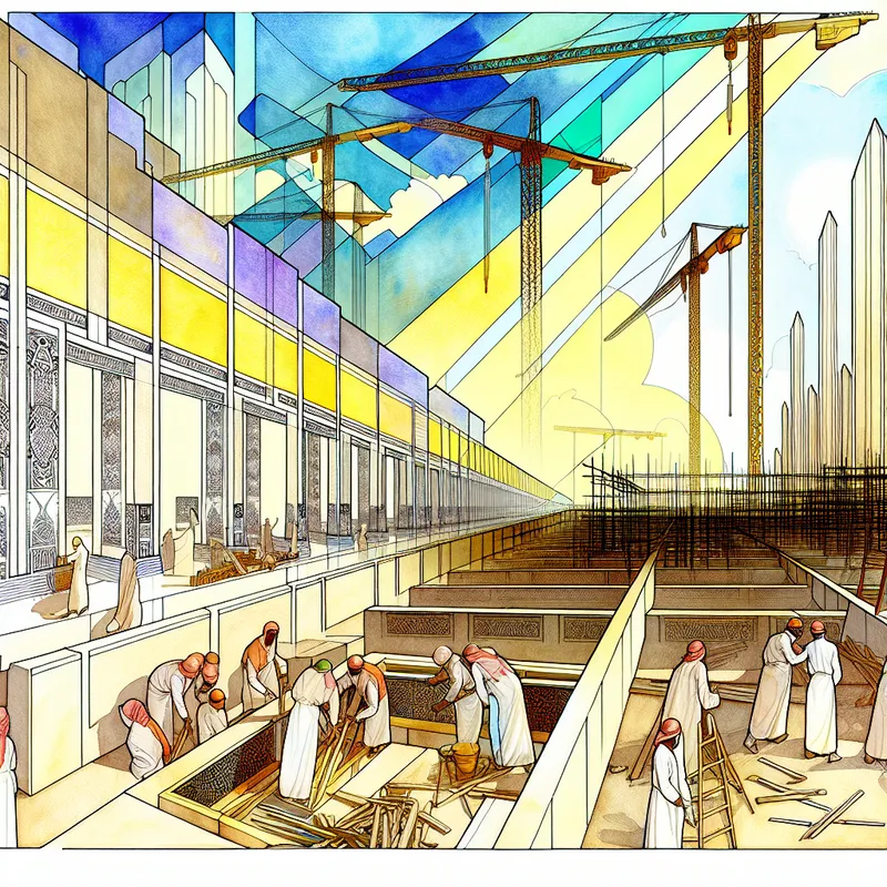 Illustratie van de eerste fase van een bouwproject met een half gebouw, kranen en actieve arbeid