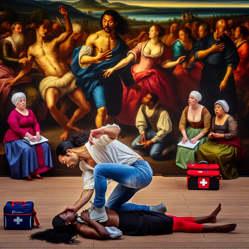 Dynamische scène van een eerste hulp training met diverse deelnemers, waarin een persoon effectieve technieken demonstreert.