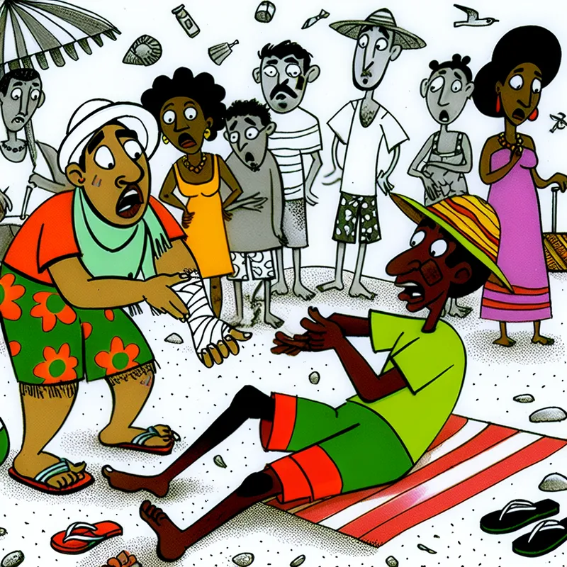 Een cartoonbeeld van een vakantiegebeurtenis waarbij eerste hulp wordt verleend aan een vriend met een geschaafde knie op het strand.
