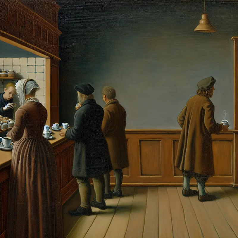 Persoon als eerste in de rij bij koffiebar in stijl van Gerard ter Borch