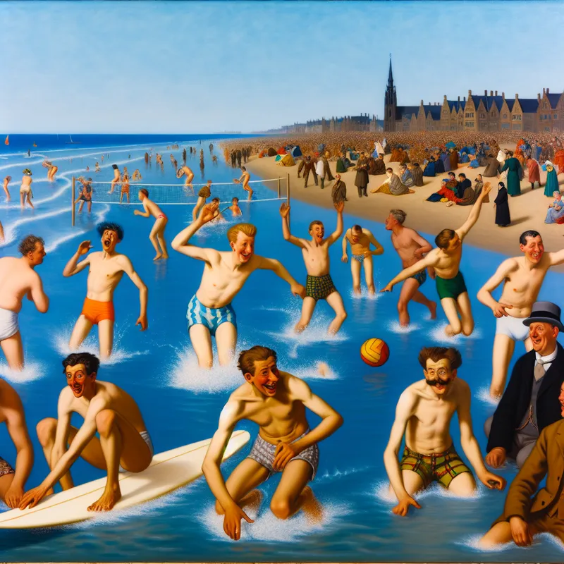 Een vrolijke scene op een druk strand waar een beginner probeert te surfen, omringd door juichende vrienden en lachende toeschouwers.