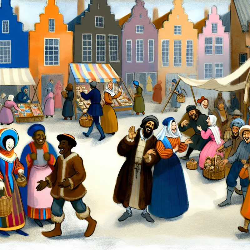 Een levendige straatscène met een groep mensen die naar een kleurrijke markt gaan, winkelen en naar huis terugkeren.