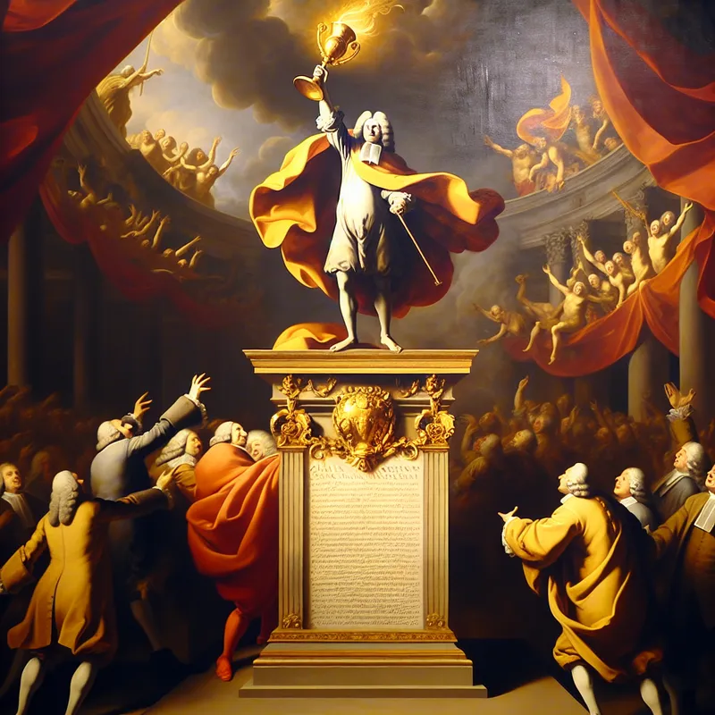 Triomfantelijke barokscène met een persoon op de eerste plaats van een rangschikking, een gouden trofee vasthoudend boven een lijst met namen