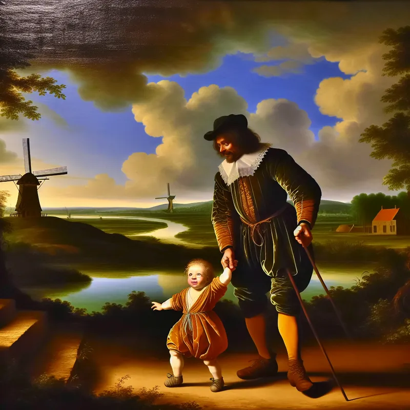 17e-eeuwse Nederlandse landschapsschildering van een trotse vader die zijn driejarige zoon helpt bij zijn eerste zelfverzekerde stappen op een zonnig pad, met windmolens en een rivier op de achtergrond