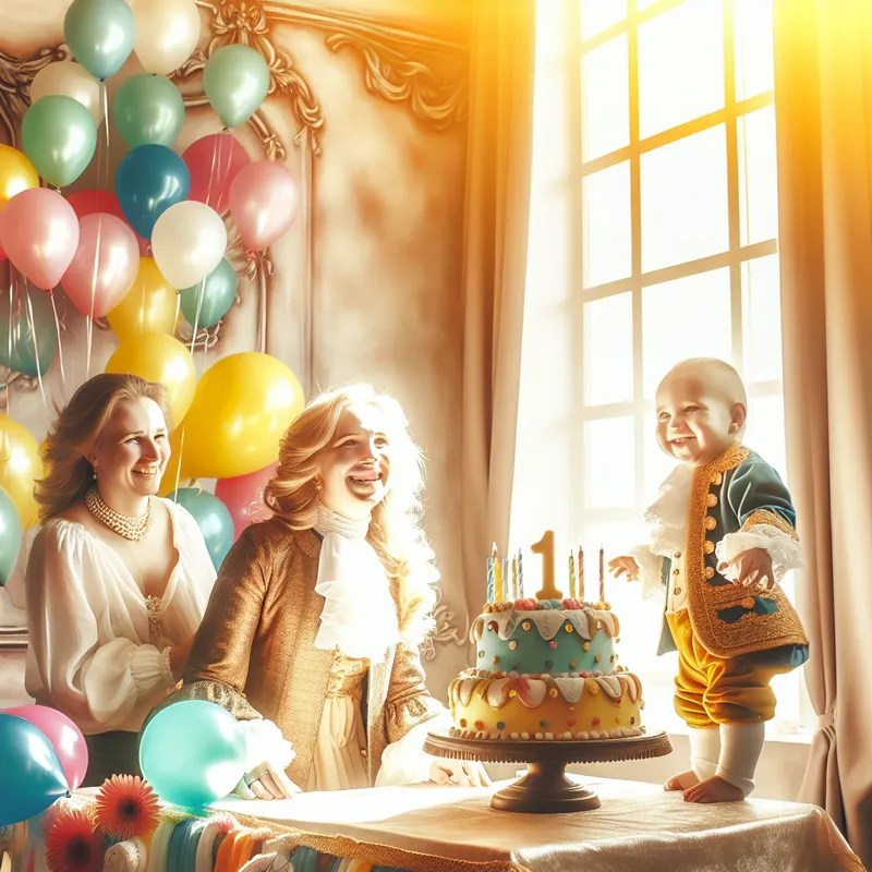 Gelukkige ouders vieren de eerste verjaardag van hun zoon in een zonovergoten kamer vol ballonnen en decoraties.