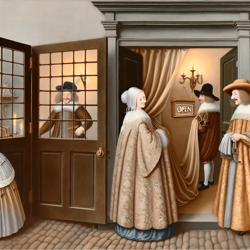 17e-eeuws Hollands winkeltje dat voor het eerst opent, met een glimlachende winkelier en nieuwsgierige klanten in elegante kleding