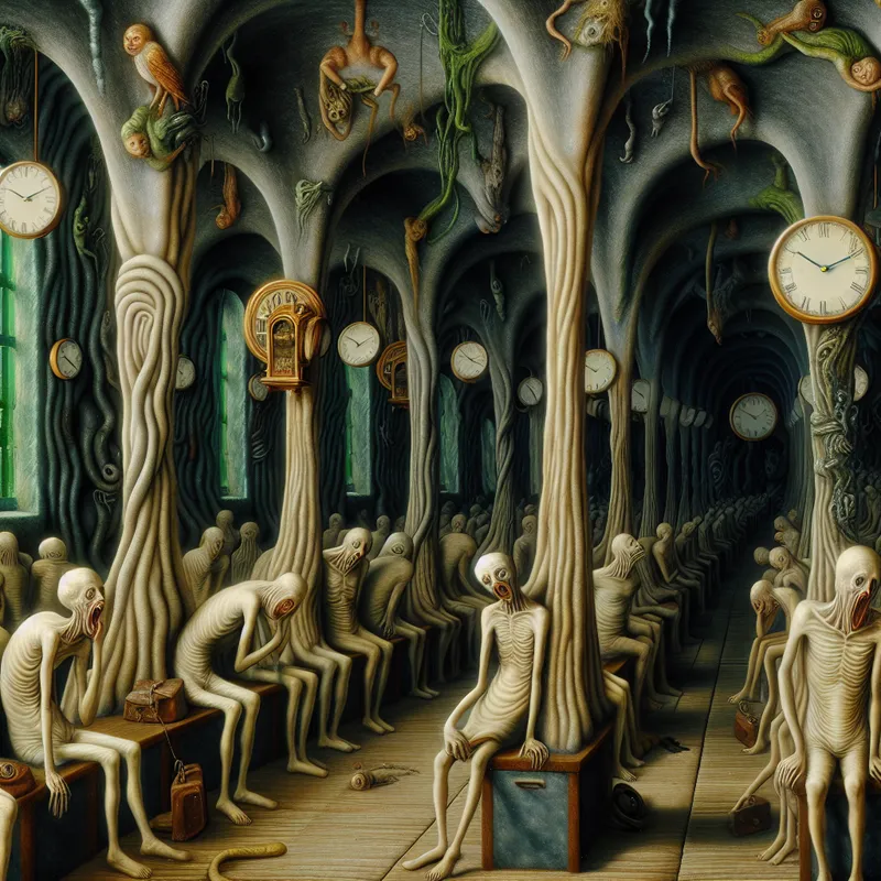 Surrealistisch tafereel van een oneindige, nachtmerrieachtige wachtkamer met uitgerekte figuren en smeltende klokken, symboliserend eindeloos wachten