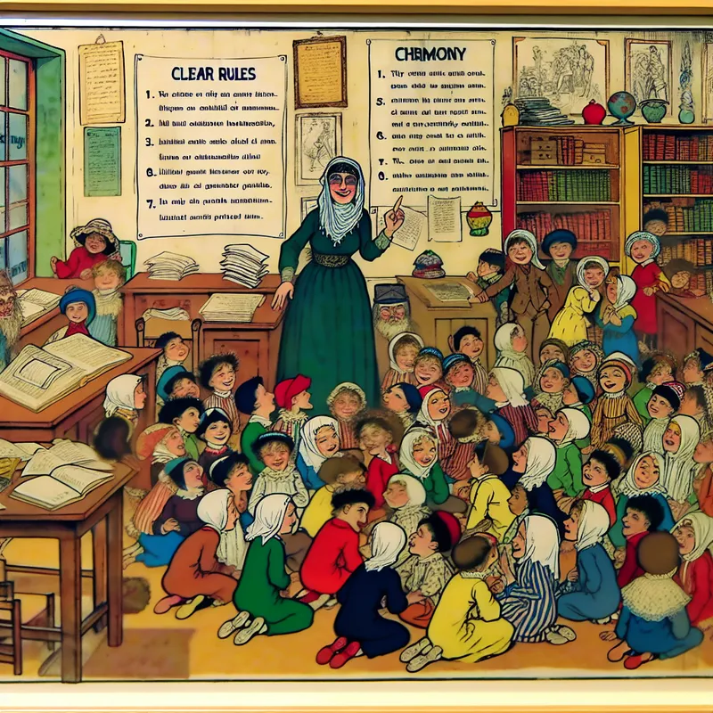 Cartoon van goedgedrag in klas door strikte regels