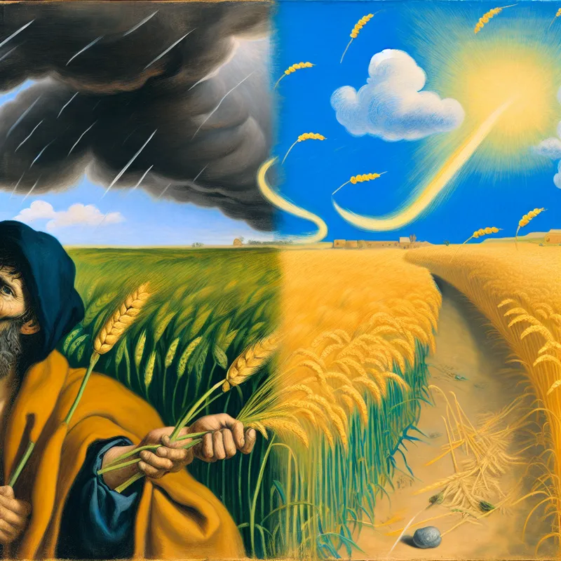 Boer kijkt naar een golvend tarweveld onder een stormachtige lucht met een mix van zon en donkere wolken