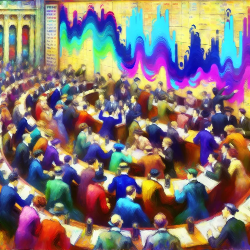 Drukke effectenbeurs met actieve traders die geïnteresseerd zijn in dynamische aandelenkoersen en grafieken.