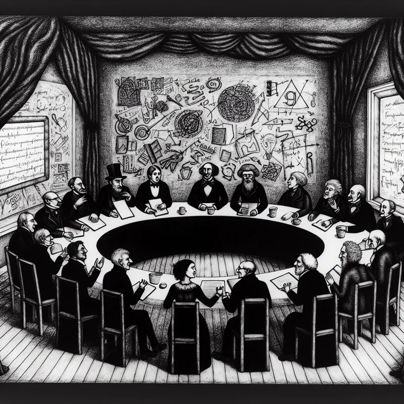 Groep mensen in overleg aan grote ronde tafel, omgeven door gotische elementen en onderhandelinstrumenten, in stijl van Félicien Rops.