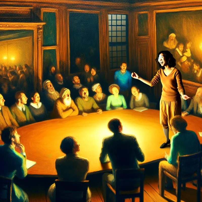 Groep diverse mensen in een levendige discussie rond een grote houten tafel, met warme verlichting en open lichaamstaal.