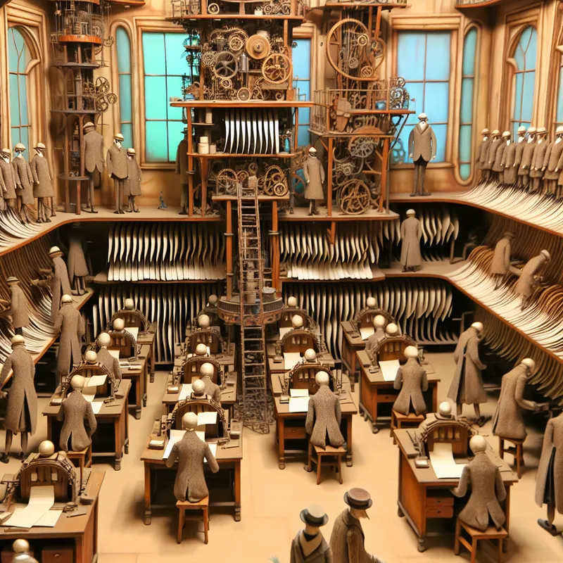 Surrealistisch kantoor met mechanische poppetjes die efficiënt werken in een nostalgische, gedetailleerde stijl, symboliserend voor een goed geoliede organisatie