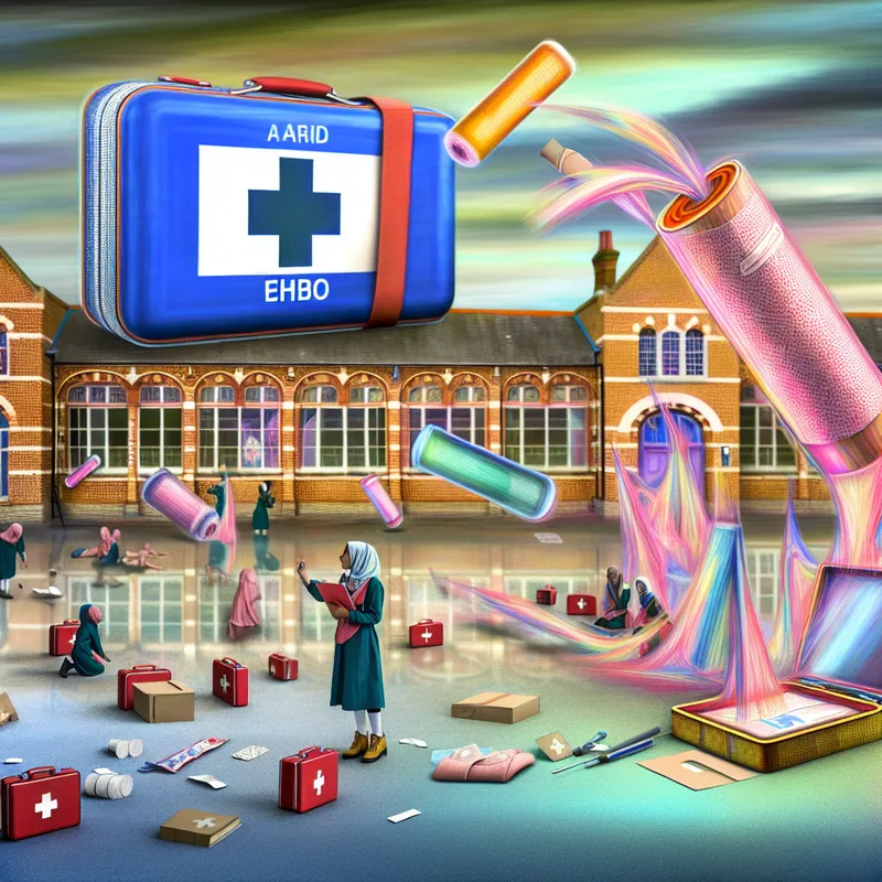 Hyper-realistische afbeelding van een EHBO-koffer in een moderne schoolomgeving, met kinderen die eerste hulp technieken oefenen.